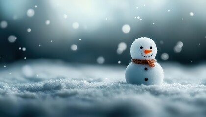 A cheerful snowman in a snowy landscape, surrounded by falling snowflakes, creating a festive winter scene.