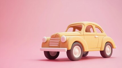 2D cartoon style toy model of a retro wooden car set against a pink background