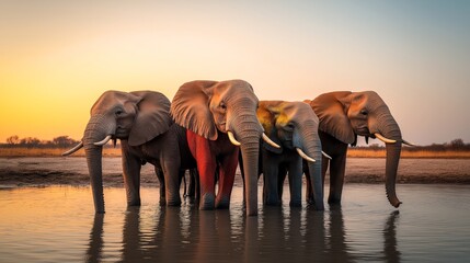 Four elephants standing in water at sunset with colorful painted marks on their bodies, against a serene landscape with trees and a clear sky.