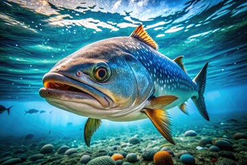 Naklejka premium Stunning Close-Up of Large Fish Swimming Gracefully in Clear Blue Water Under Natural Light