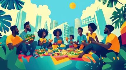 A vibrant gathering of friends enjoying a picnic with diverse food in an urban setting.