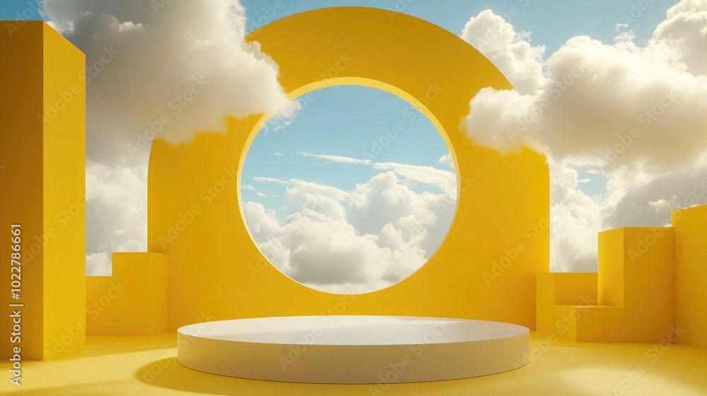 Poster 3D render featuring an abstract yellow background with white clouds and a blue circular opening A minimalist geometric display scene with an empty podium for presenting products