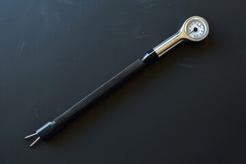 A detailed view of an analog torque wrench resting on a dark surface, showcasing its dial and handle design
