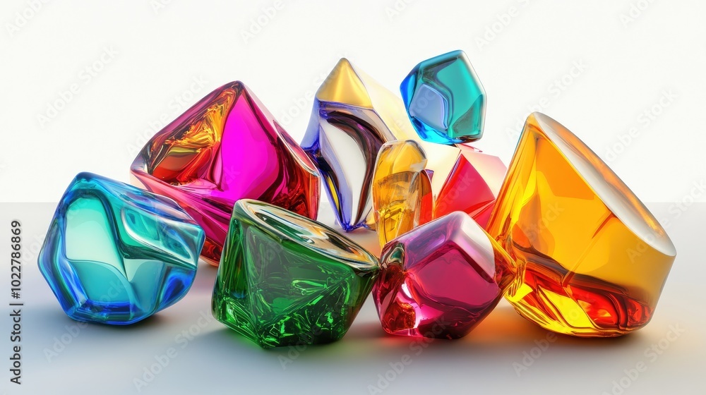 Poster 3D rendering of abstract geometric forms with a variety of vibrant glass elements set against a white background