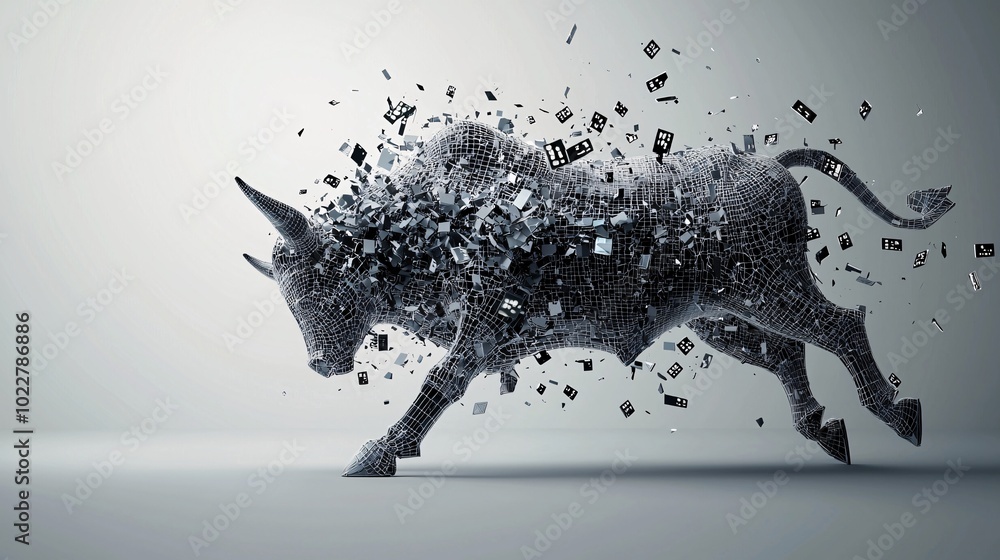 Poster digital representation of a shattered bull statue made of pixels, falling apart with stock numbers g