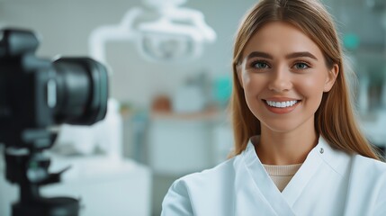 Fototapeta premium A young female dentist in a white coat smiling warmly while being recorded on a professional camera in a modern dental clinic, creating content in a bright, clean medical environment