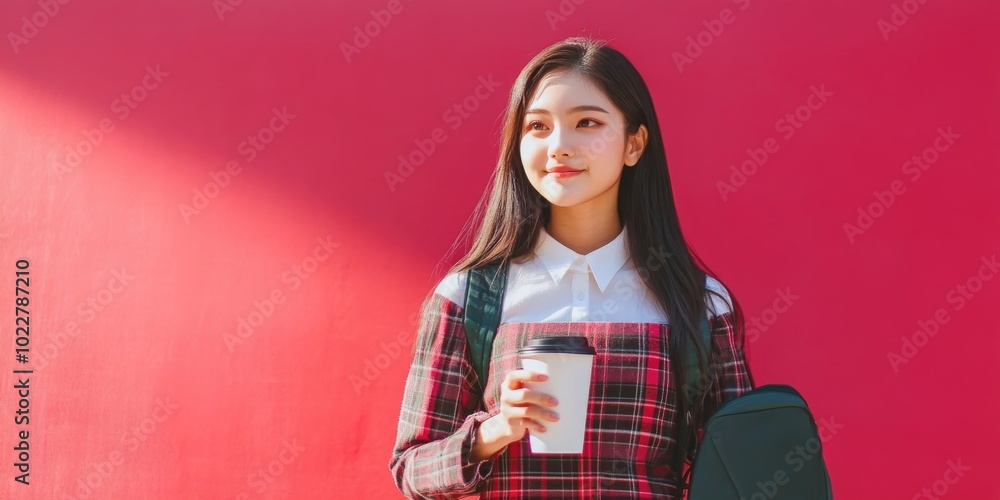 Sticker Casually Chic Asian Girl in Red Lipstick and Plaid Shirt