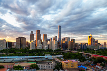 Magnificent view of the skyline of Beijing CBD (Central Business District) at sunset