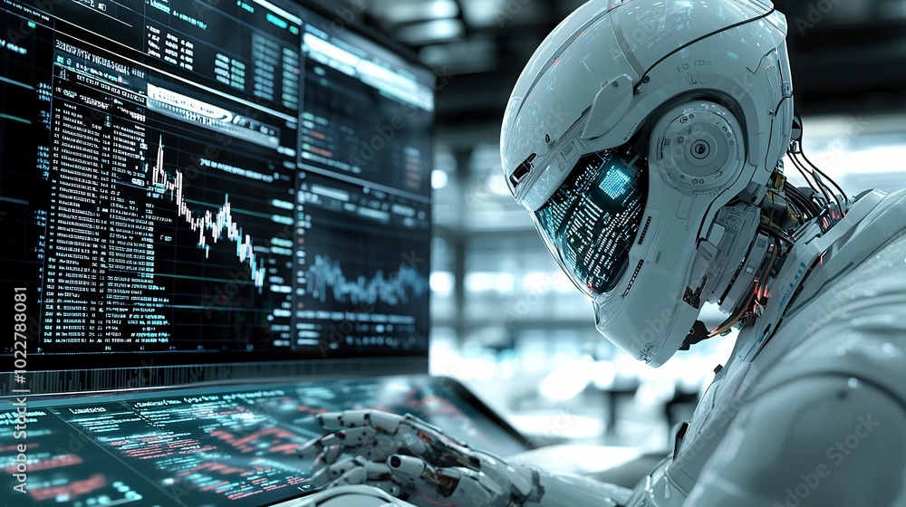 Poster a futuristic robot trader short-circuiting as the stock graphs on its screen malfunction and crash.