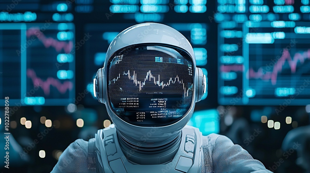 Poster a futuristic robot trader short-circuiting as the stock graphs on its screen malfunction and crash.