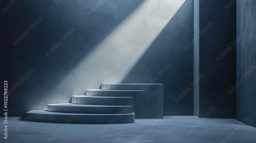 Poster 3D rendering of an abstract minimalist background featuring steps and an empty podium for product display A stylish dark showcase scene highlighted by a bright spotlight