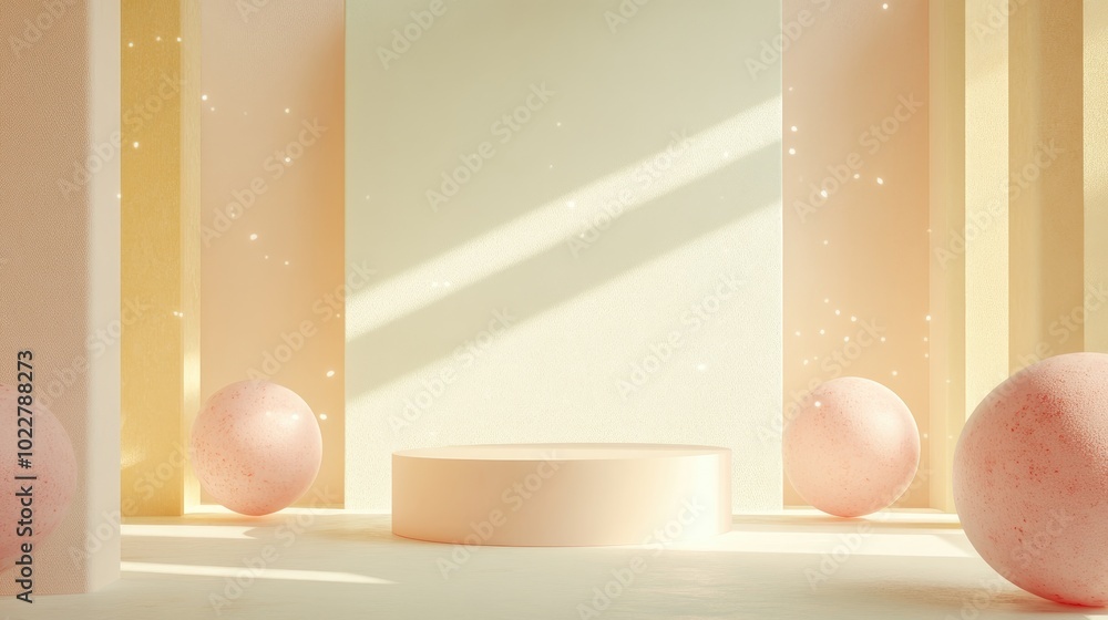 Aufkleber 3D rendering of an abstract cosmetic background featuring a minimal podium for product display An empty scene with spherical lighting and a pastel cream wall creates a fashion showcase atmosphere
