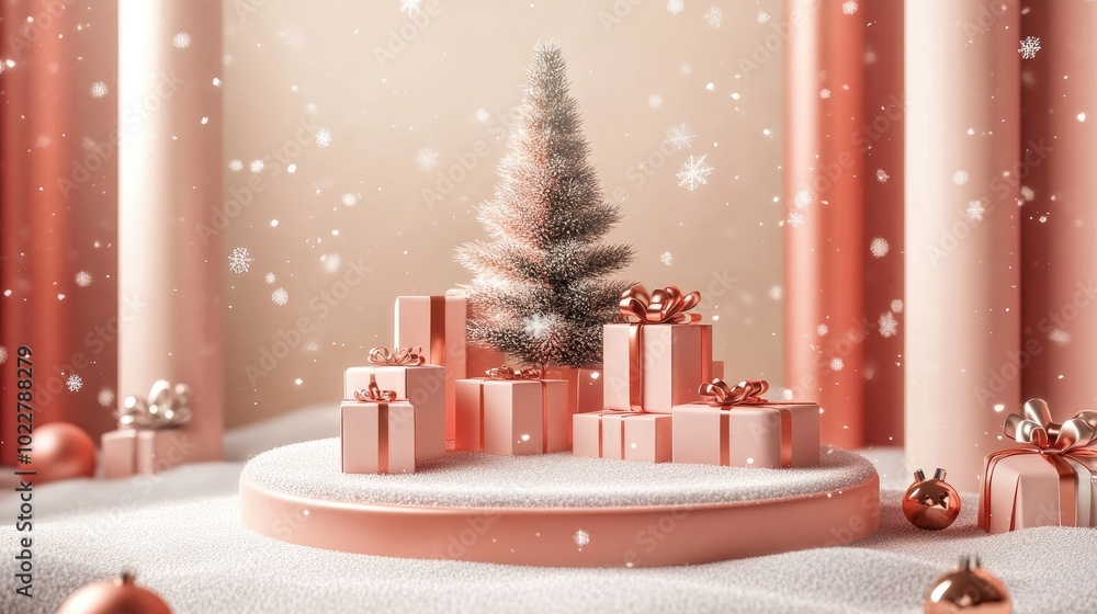Poster christmas display podium for branding and packaging presentation featuring gift boxes a tree and sno