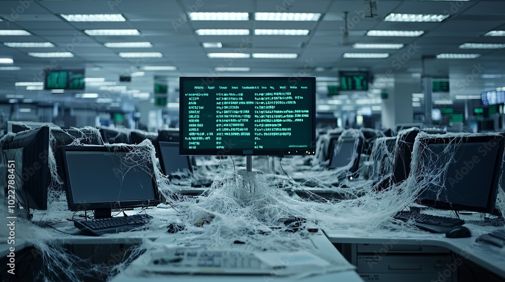 Aufkleber an abandoned trading desk with cobwebs forming over a digital screen showing the aftermath of a mark