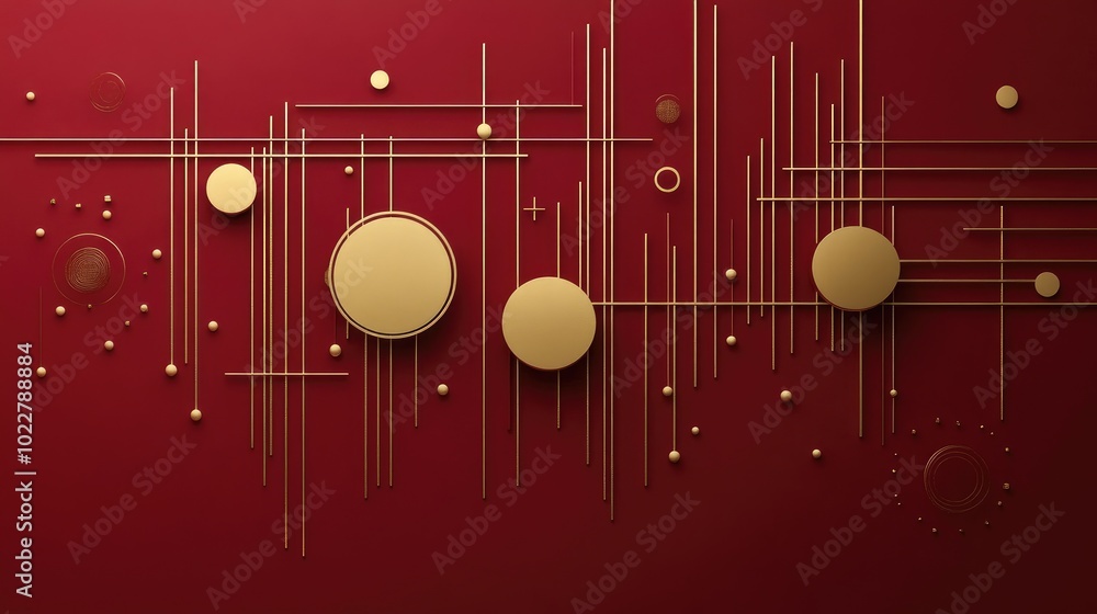 Poster 3d illustration of wall decor featuring golden shapes circles and lines in a minimalist mural design