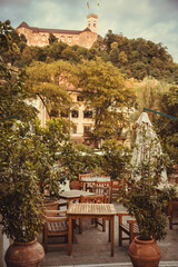 Cozy terrace with tables of cafe in Ljubljana, Slovenia