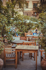Cozy terrace with tables of cafe in Ljubljana, Slovenia