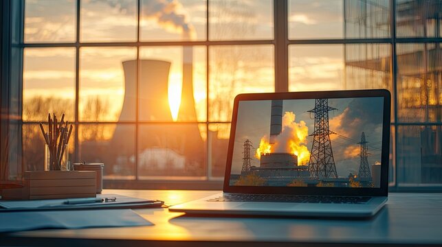 An interactive computer game, a computer game about a nuclear power plant and a nuclear reactor is running on the laptop screen. the interface