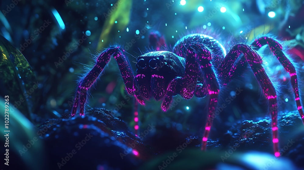 Poster dynamic neon spider exploring mystical forest filled with magical elements