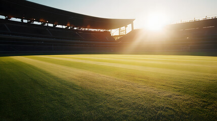 Wide-angle view of an empty football stadium with sunlight and green field 