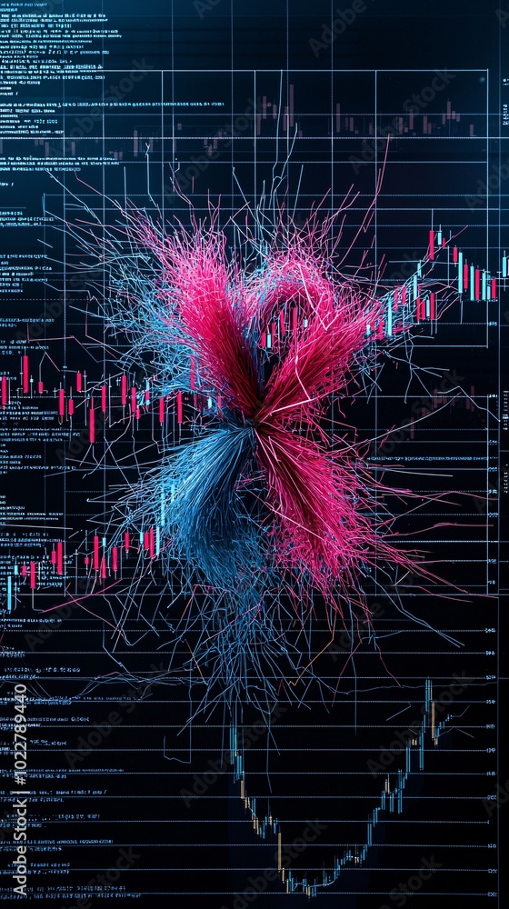 Poster abstract representation of stock market failure, broken arrows and graphs tangled in chaos.