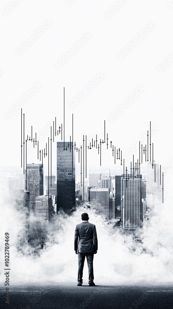 Aufkleber investment charts crumbling into dust, dissolving in the air with a lone trader watching from afar.