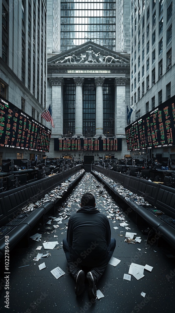 Poster investment charts crumbling into dust, dissolving in the air with a lone trader watching from afar.