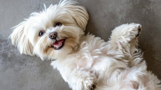 Happy small white dog with fluffy fur and cute paws lying on its back, smiling joyfully on a gray floor