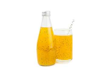 Diet detox cocktail with basil and chia seeds in glass jar and glass isolated on white background. Drink with seeds. Health food. Detox cocktail. Antioxidant. Water with basil.