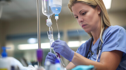 Professional IV Nurse Preparing Intravenous Line for Patient Care in Clinical Setting