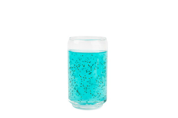 Diet detox cocktail with basil and chia seeds in glass jar and glass isolated on white background....
