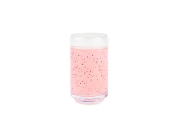 Diet detox cocktail with basil and chia seeds in glass jar and glass isolated on white background....