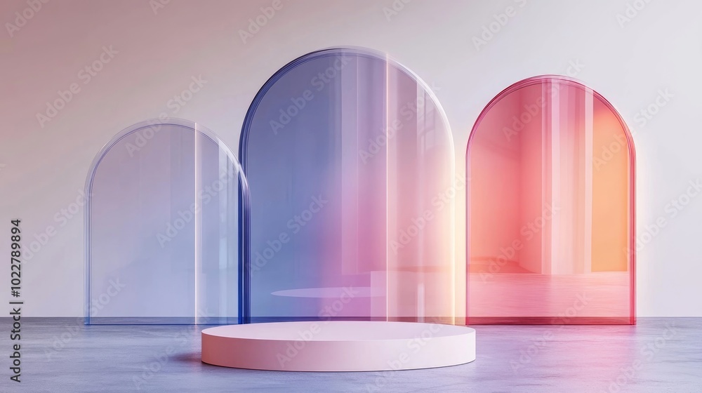 Poster 3d render featuring an abstract geometric background with translucent pink and blue glass arches a m