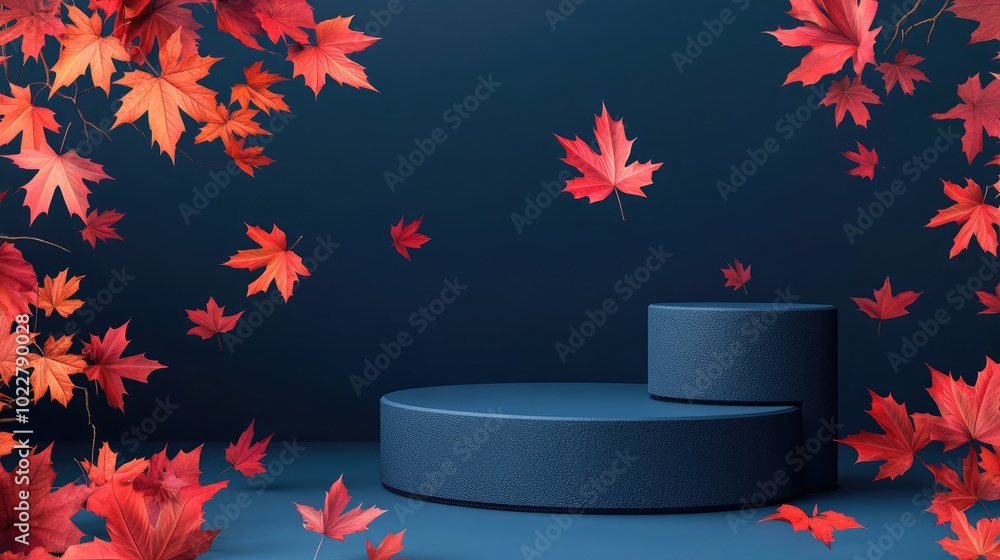 Aufkleber Abstract composition featuring geometric shapes and drifting autumn leaves Cylindrical display on a blue backdrop adorned with red foliage Product showcase Arrangement of podium platform and autum