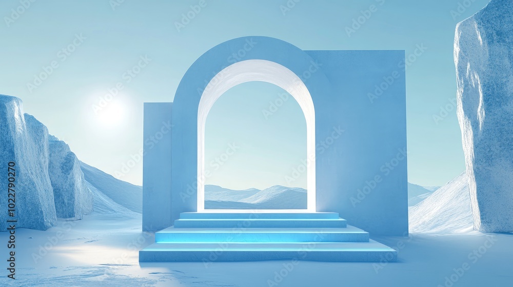 Aufkleber Abstract winter composition featuring geometric shapes an arch above a podium illuminated by natural light set against a minimal surreal backdrop 3D rendering
