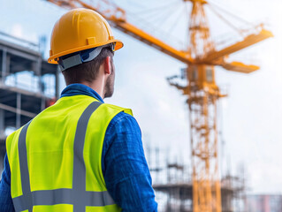 Construction worker operating a crane on a building site, focused and technical.A construction worker in a hard hat watches a crane at a site
