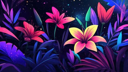 Beautiful Layout Design Of Lily Flower Plants Nebula Colors Space And Astronomy Theme Fabric Textile Printing Colors Colorful Galaxy With Lily Flowers