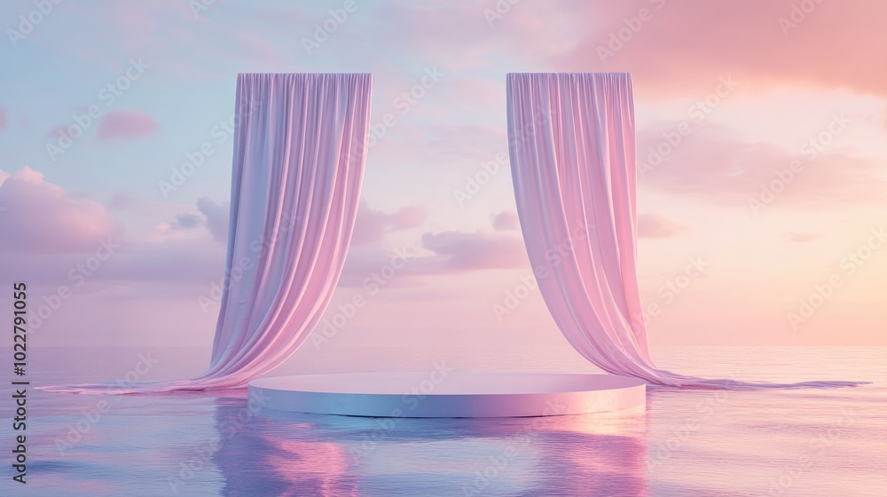 Aufkleber 3D render of an abstract platform podium on water with flowing curtains Realistic pastel mock up for product promotion Modern minimal background featuring an empty podium