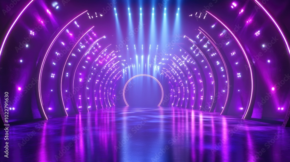 Aufkleber 3D rendering of an abstract background featuring neon lights a round portal rings circles and elements of virtual reality showcasing an ultraviolet spectrum with a laser show effect and reflection