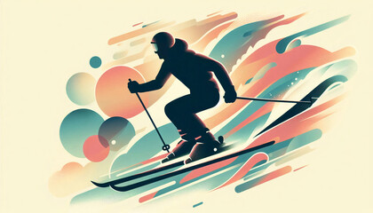 Fototapeta premium Dynamic illustration of a skier in motion, surrounded by flowing abstract shapes, evoking the thrill of skiing and winter sports