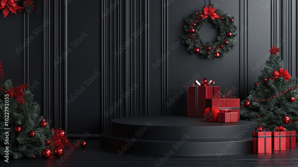 Aufkleber black studio with an empty podium and a gift box christmas theme 3d rendering