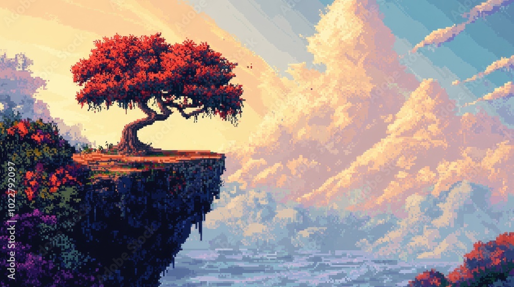 Aufkleber A striking pixel art depiction of a tree on the edge of a cliff featuring detailed design and vivid colors that create a visually appealing artwork