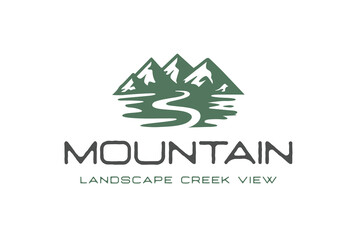 Mountain river landscape vintage logo design with highlands mount and creek design concept for adventure outdoors vector illustration