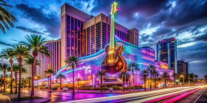 Stunning Hard Rock Hotel Exterior in Las Vegas with Vibrant Neon Lights at Nighttime
