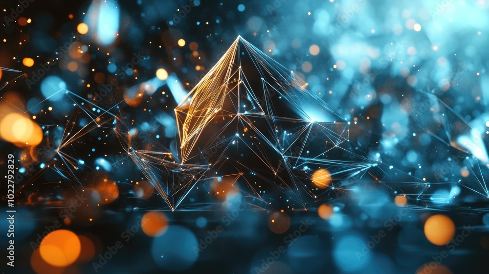 Poster Abstract digital backdrop featuring cybernetic particles and triangular shapes An advanced plexus fantasy design representing technology and engineering concepts 3D rendering with depth of field e
