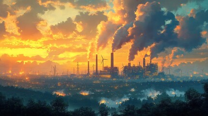 Obraz premium Industrial landscape at sunset with smoke and wind turbines.