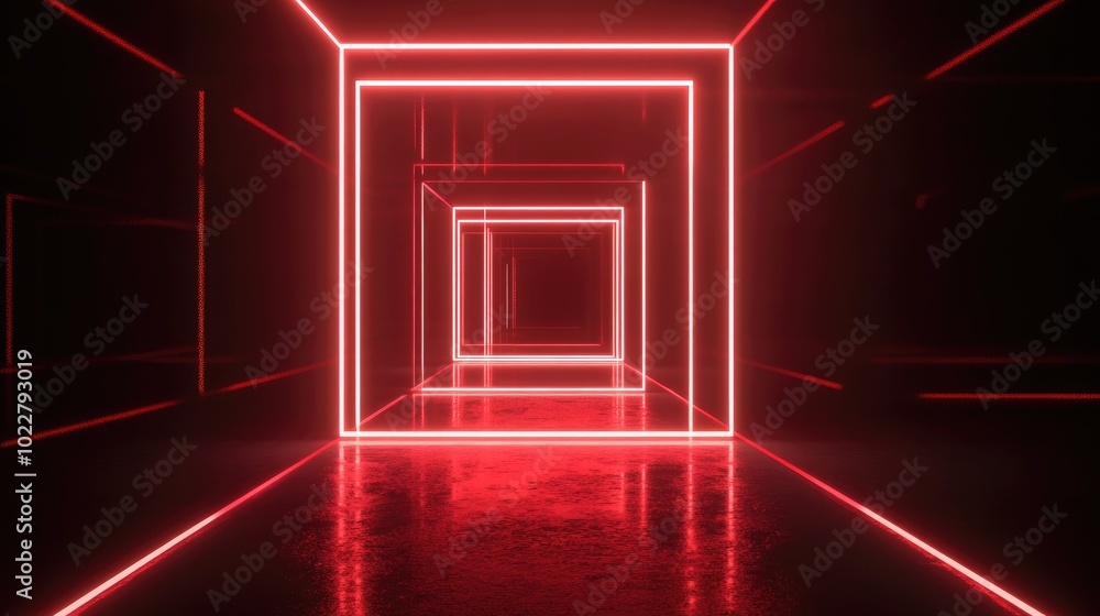 Aufkleber 3D render of an abstract minimal geometric background featuring glowing neon lines Illumination from a stage laser show creates blank rectangular shapes and square frames ideal for virtual reality