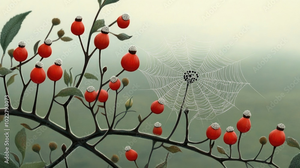 Poster cobweb on red rose hips with blurred background