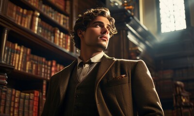 A man in an elegant suit stands confidently in a vintage library, surrounded by old books. The image exudes sophistication, knowledge, and timeless style.
