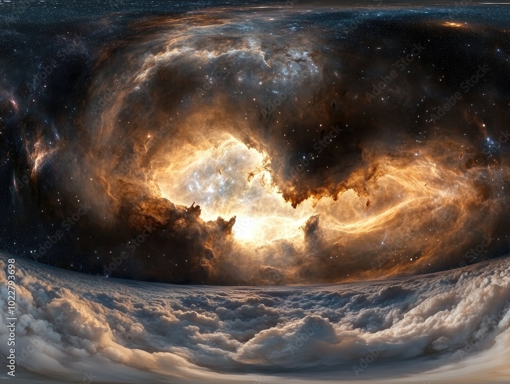 Aufkleber 360 degree space nebula featuring a massive interstellar cloud with stars presented in equirectangular projection as an HDRI spherical panorama 3D illustration